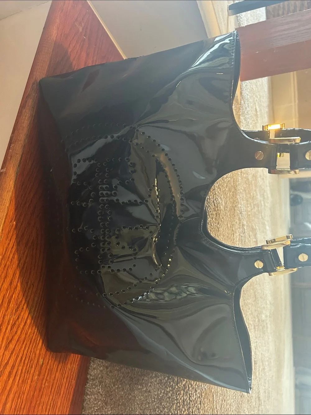 Tory Burch Black Patent Shoulder Tote with Perforated Logo